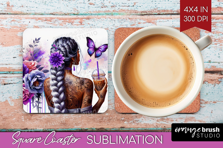 Floral Girl Square Coaster - Coffee Lover Coaster PNG
