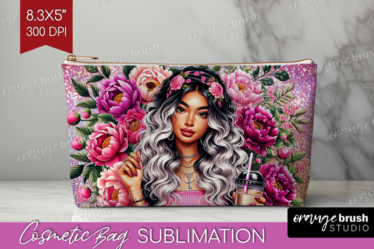Floral Girl Cosmetic Bag - Coffee Lover Makeup Bag PNG