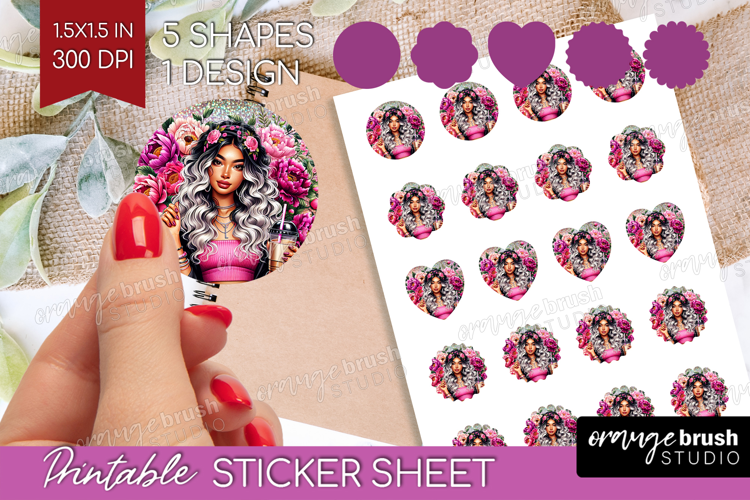 Floral Girl Round Sticker - Coffee Lover Printable Sticker