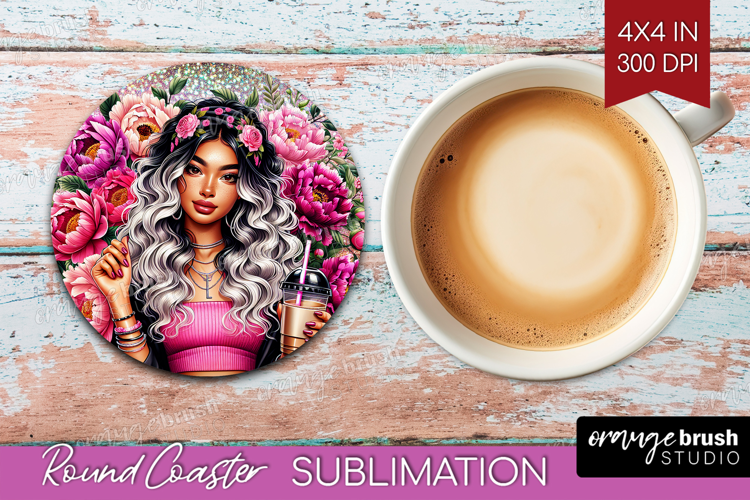 Floral Girl Round Coaster - Coffee Lover Coaster PNG