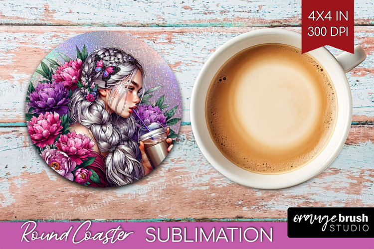 Floral Girl Round Coaster - Coffee Lover Coaster PNG
