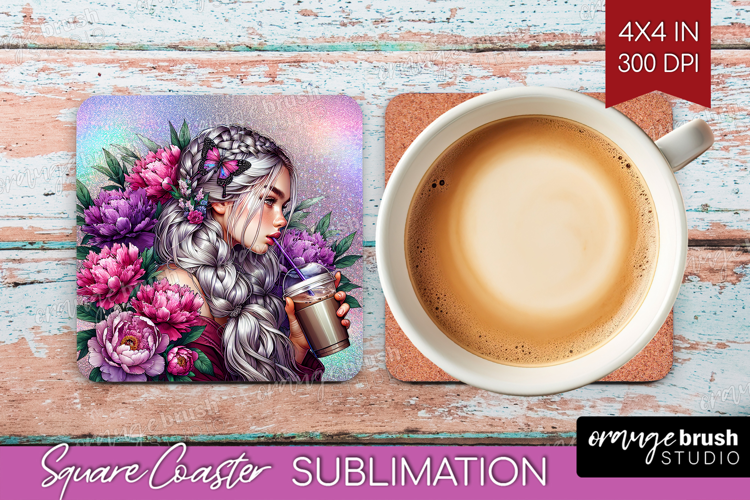 Floral Girl Square Coaster - Coffee Lover Coaster PNG