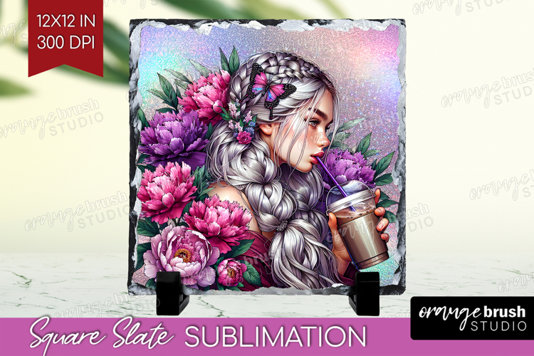 Floral Girl Slate PNG - Coffee Lover Square Slate