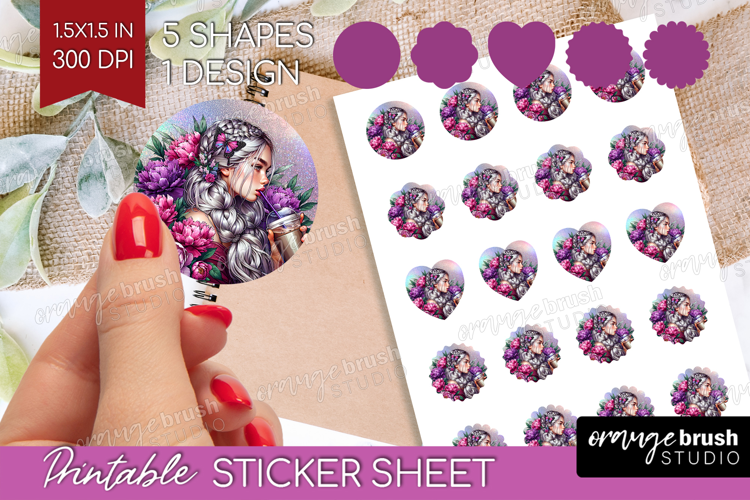 Floral Girl Round Sticker - Coffee Lover Printable Sticker