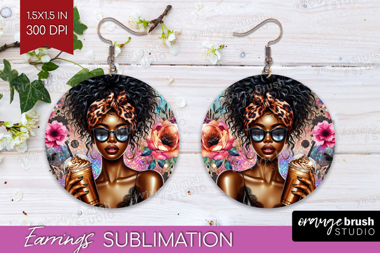 Floral Girl Round Earrings - Coffee Lover PNG Sublimation