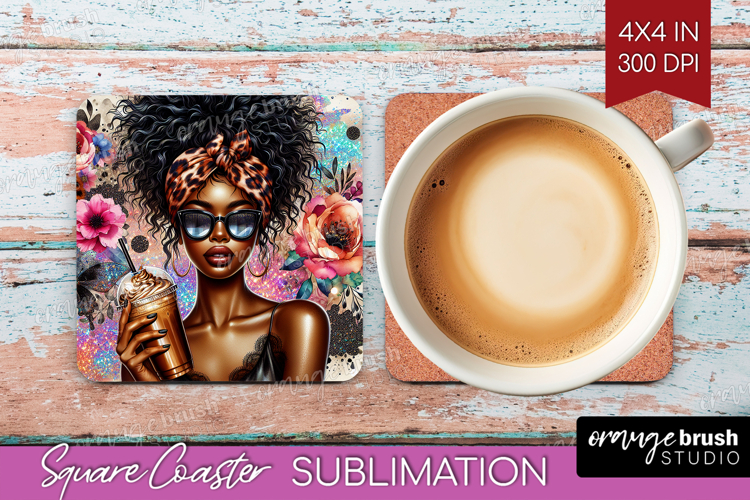 Floral Girl Square Coaster - Coffee Lover Coaster PNG