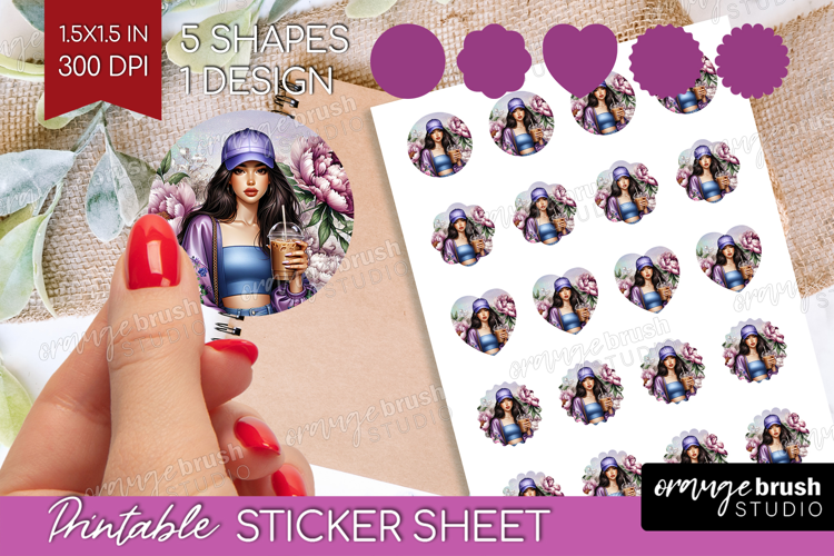 Floral Girl Round Sticker - Coffee Lover Printable Sticker