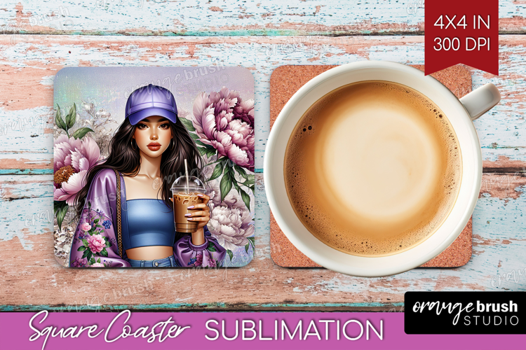 Floral Girl Square Coaster - Coffee Lover Coaster PNG