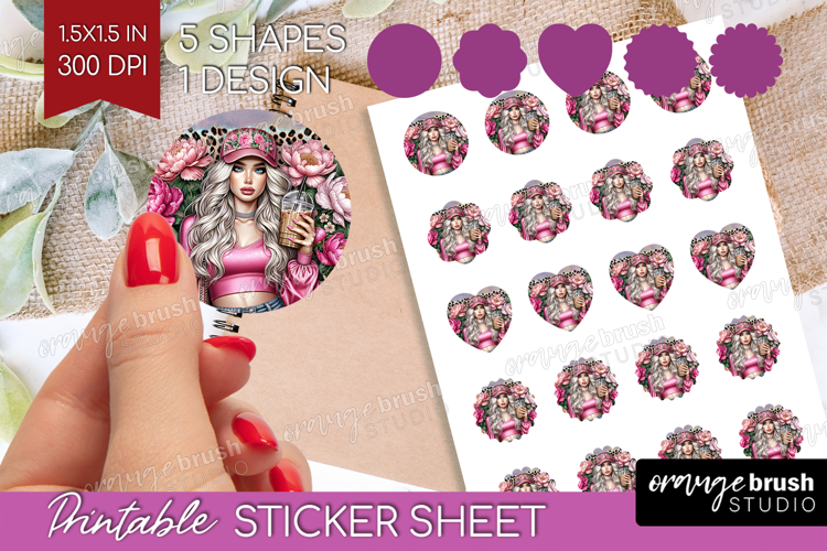 Floral Girl Round Sticker - Coffee Lover Printable Sticker