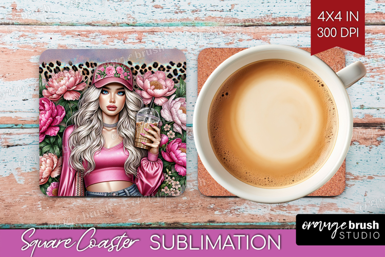 Floral Girl Square Coaster - Coffee Lover Coaster PNG