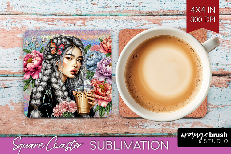 Floral Girl Square Coaster - Coffee Lover Coaster PNG