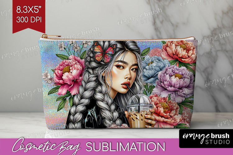 Floral Girl Cosmetic Bag - Coffee Lover Makeup Bag PNG