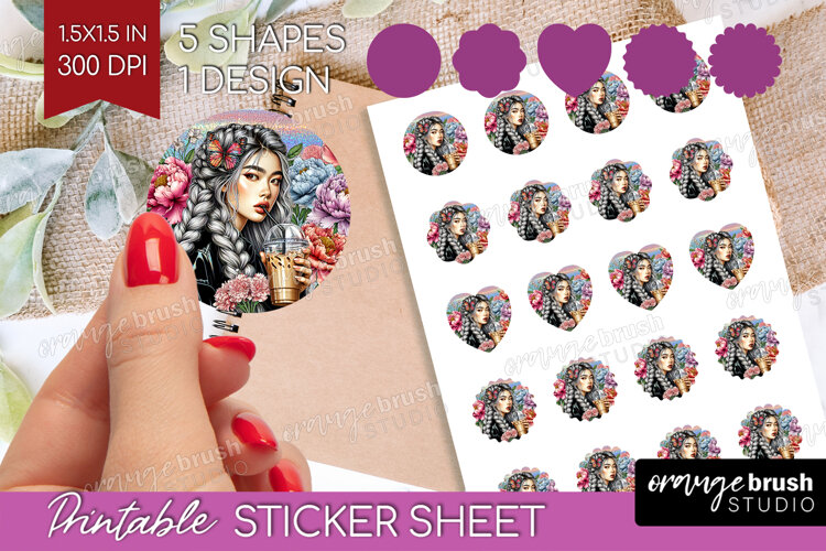Floral Girl Round Sticker - Coffee Lover Printable Sticker example image 1