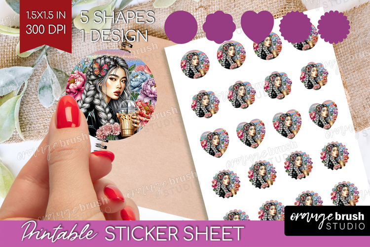 Floral Girl Round Sticker - Coffee Lover Printable Sticker