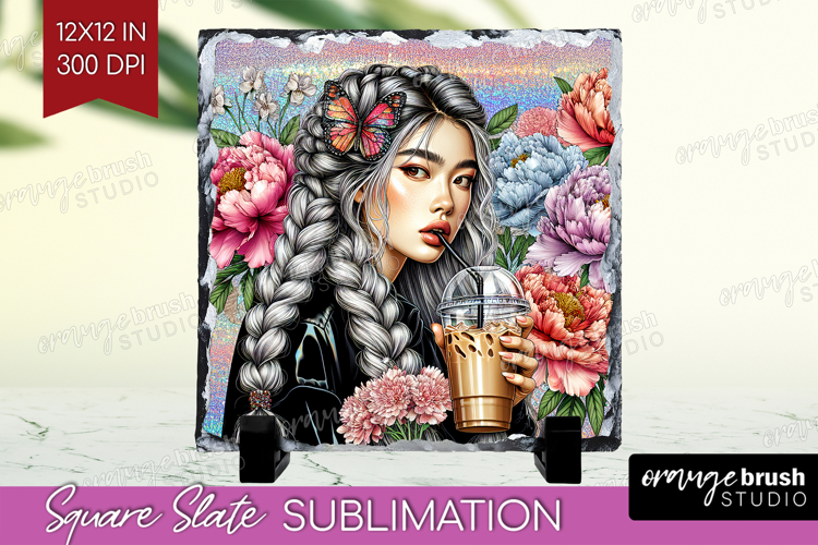 Floral Girl Slate PNG - Coffee Lover Square Slate