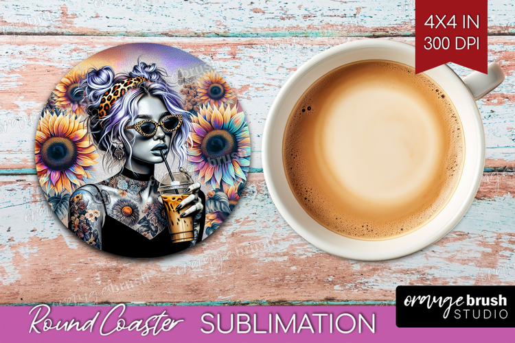 Floral Girl Round Coaster - Coffee Lover Coaster PNG