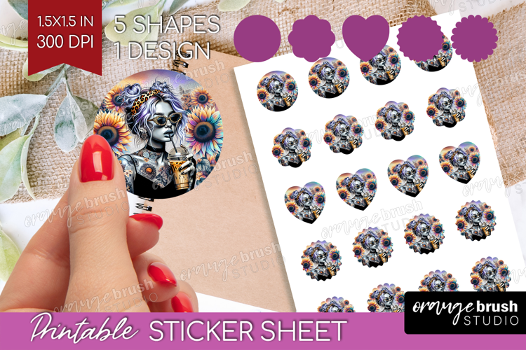 Floral Girl Round Sticker - Coffee Lover Printable Sticker