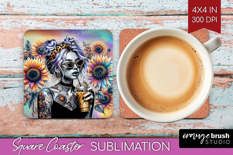 Floral Girl Square Coaster - Coffee Lover Coaster PNG