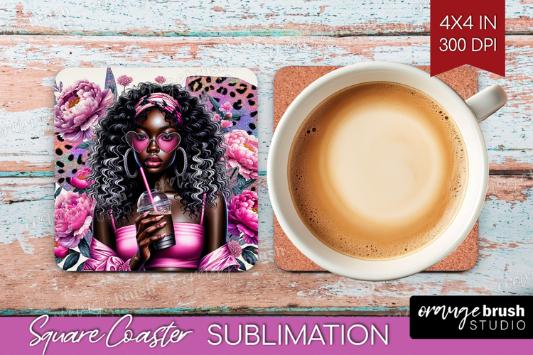 Floral Girl Square Coaster - Coffee Lover Coaster PNG