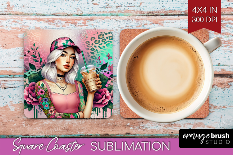 Floral Girl Square Coaster - Coffee Lover Coaster PNG