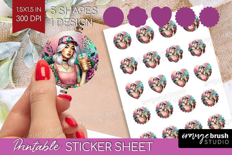 Floral Girl Round Sticker - Coffee Lover Printable Sticker example image 1