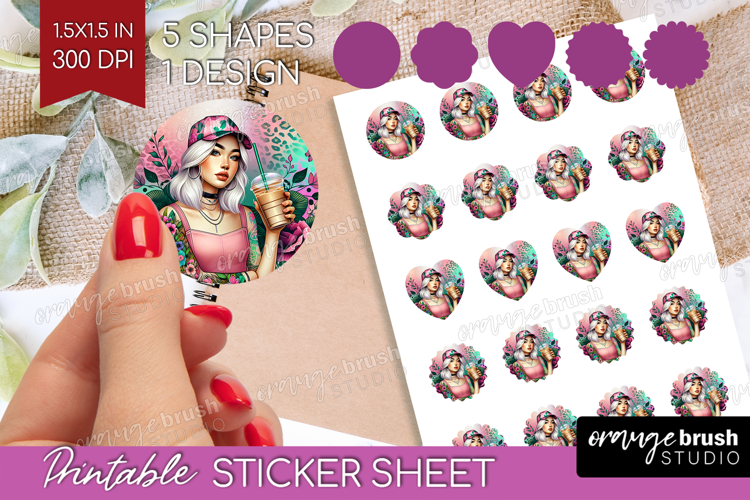 Floral Girl Round Sticker - Coffee Lover Printable Sticker