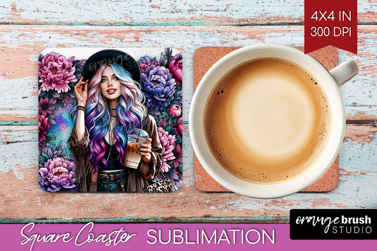 Floral Girl Square Coaster - Coffee Lover Coaster PNG