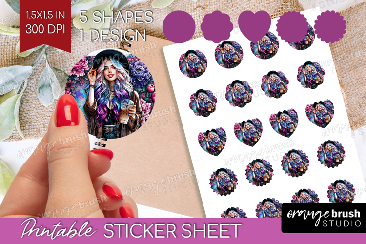 Floral Girl Round Sticker - Coffee Lover Printable Sticker