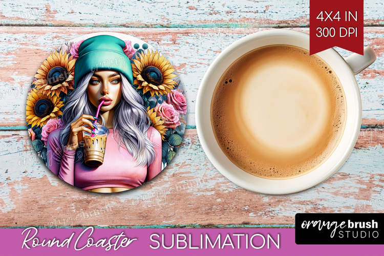 Floral Girl Round Coaster - Coffee Lover Coaster PNG