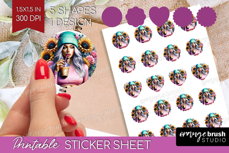 Floral Girl Round Sticker - Coffee Lover Printable Sticker example image 1