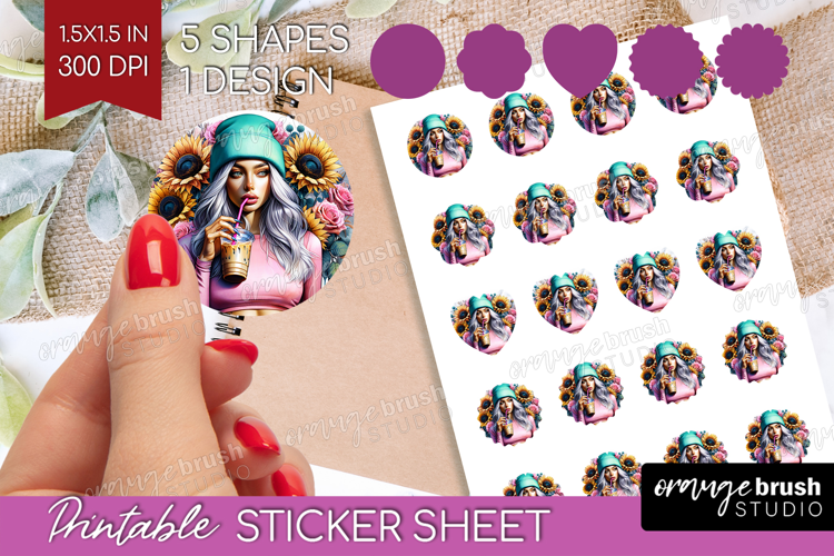 Floral Girl Round Sticker - Coffee Lover Printable Sticker