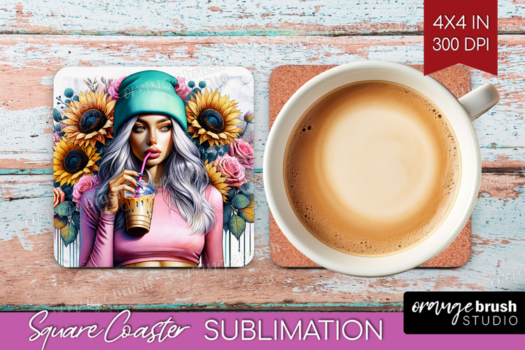 Floral Girl Square Coaster - Coffee Lover Coaster PNG