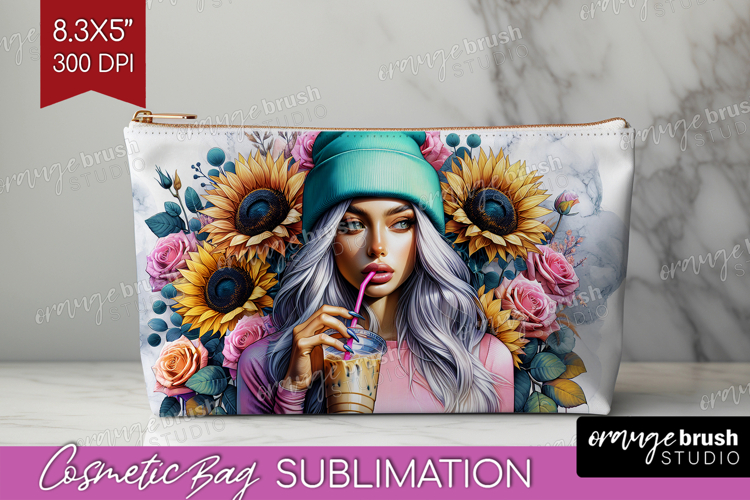 Floral Girl Cosmetic Bag - Coffee Lover Makeup Bag PNG