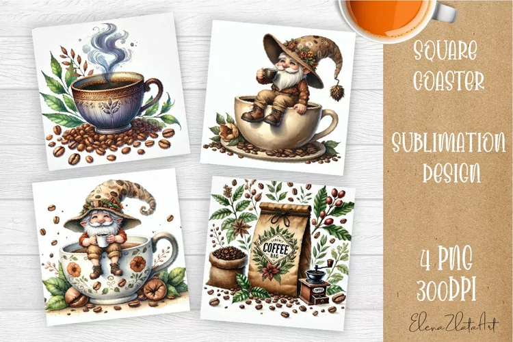 Coffee gnome | 4 square coaster sublimation designs