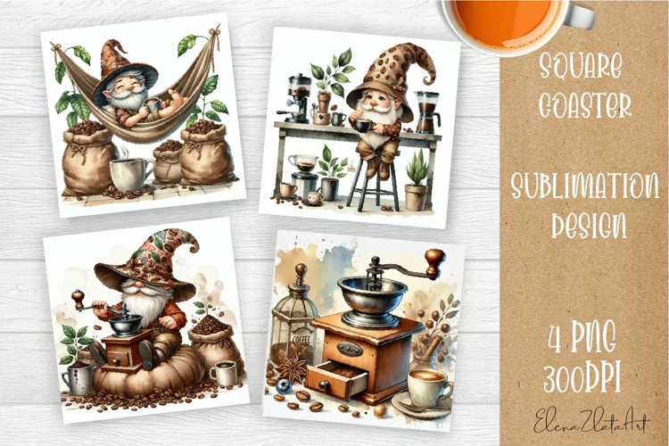 Coffee gnome | 4 square coaster sublimation designs