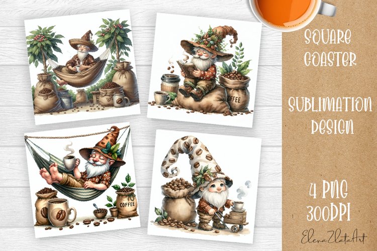Coffee gnome | 4 square coaster sublimation designs