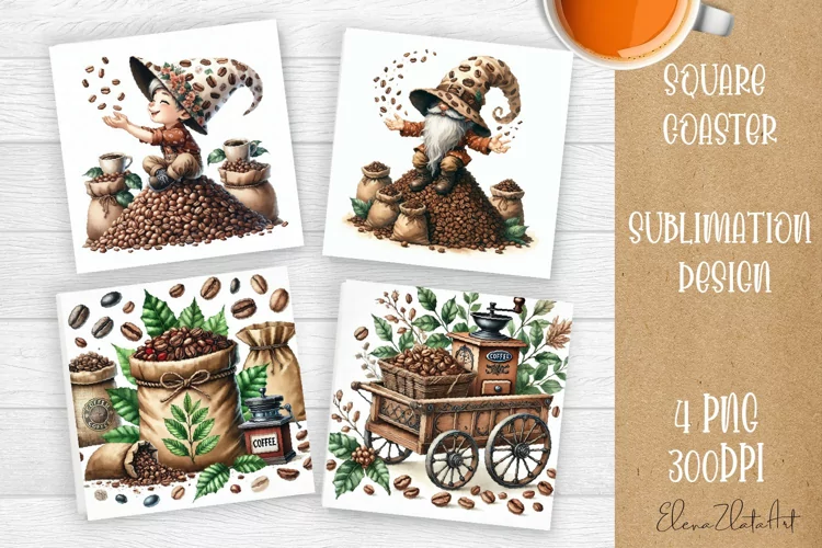 Coffee gnome | 4 square coaster sublimation designs