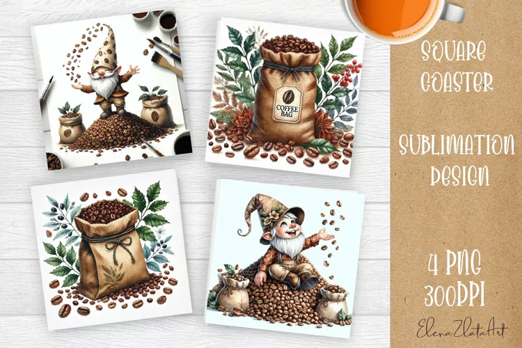 Coffee gnome | 4 square coaster sublimation designs