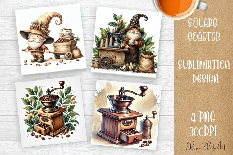 Coffee gnome | 4 square coaster sublimation designs