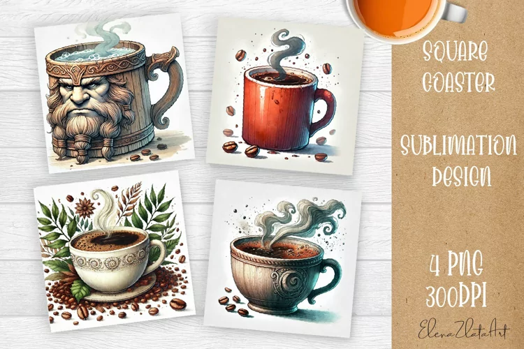 Coffee gnome | 4 square coaster sublimation designs