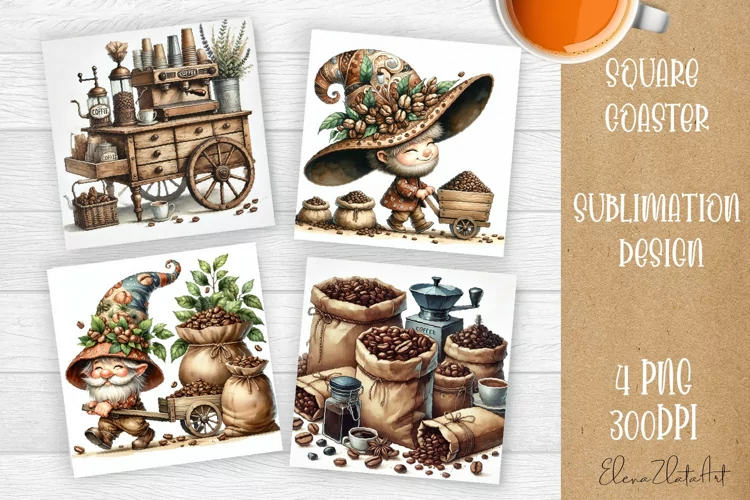Coffee gnome | 4 square coaster sublimation designs