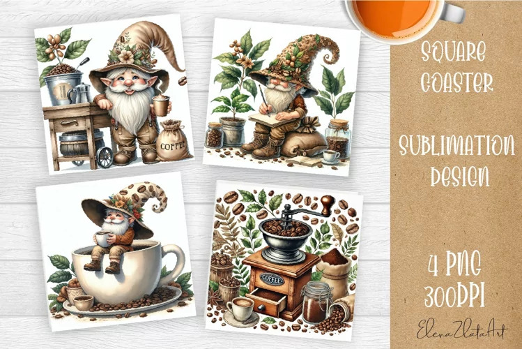 Coffee gnome | 4 square coaster sublimation designs