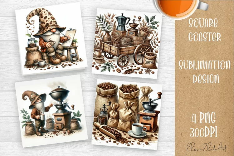 Coffee gnome | 4 square coaster sublimation designs