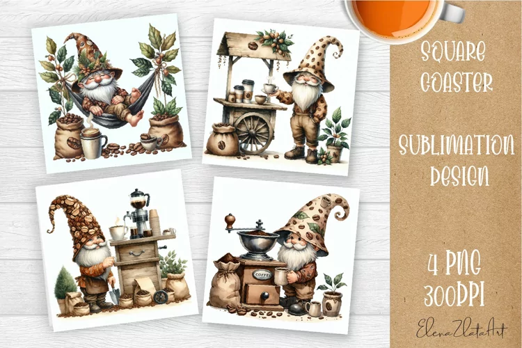 Coffee gnome | 4 square coaster sublimation designs