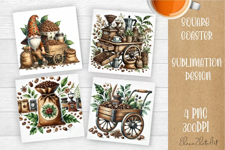 Coffee gnome | 4 square coaster sublimation designs