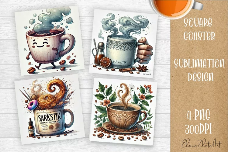 Coffee gnome | 4 square coaster sublimation designs