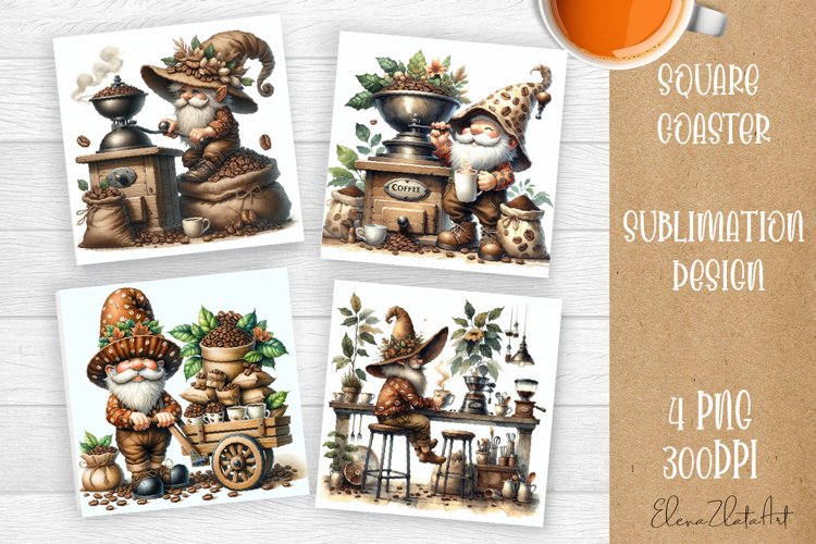 Coffee gnome | 4 square coaster sublimation designs