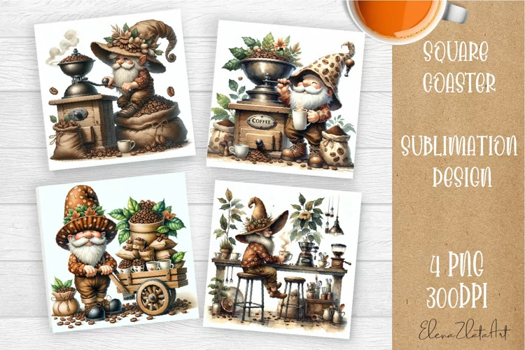 Coffee gnome | 4 square coaster sublimation designs
