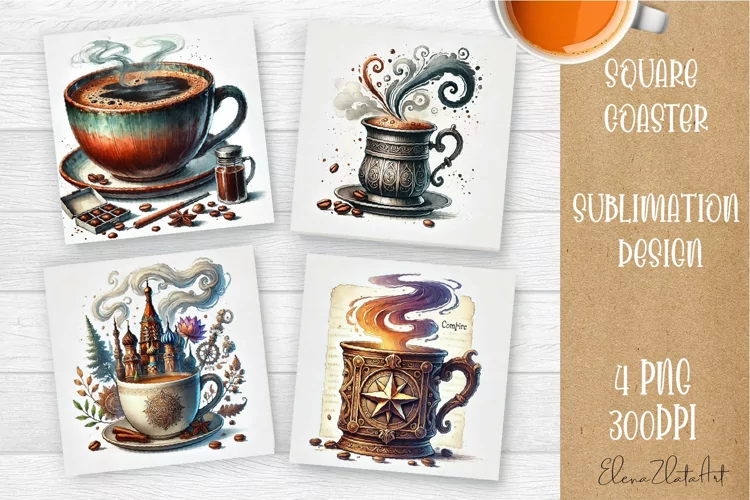 Coffee gnome | 4 square coaster sublimation designs