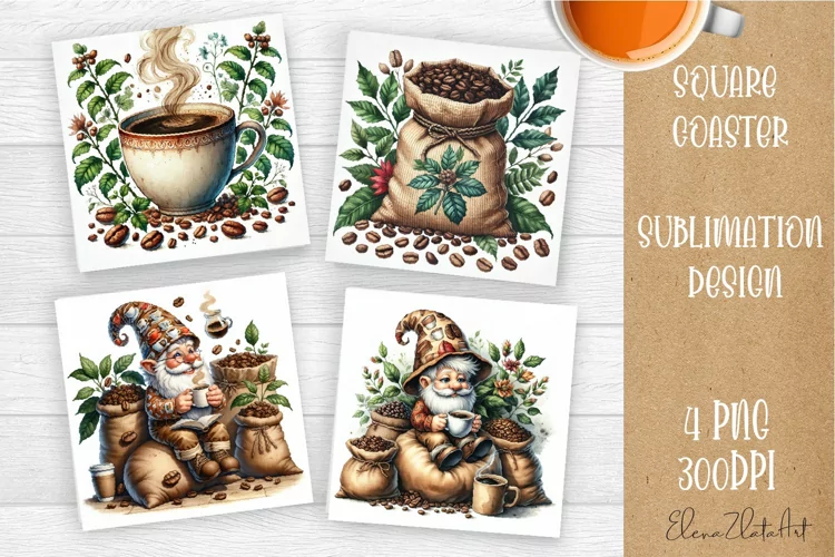 Coffee gnome | 4 square coaster sublimation designs